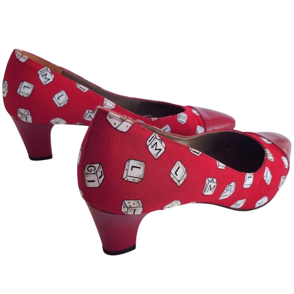 Bruno Magli 80s Vintage Red Heels 7.5 Novelty Dice Leather Canvas Rare Italy - Picture 7 of 14